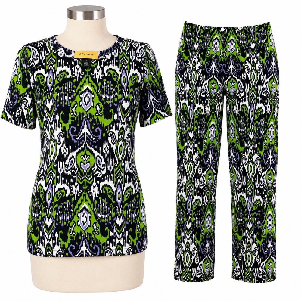 St. John 2 Piece Set Size Small Ikat Print Resort Chic Stretch Outfit Luxury